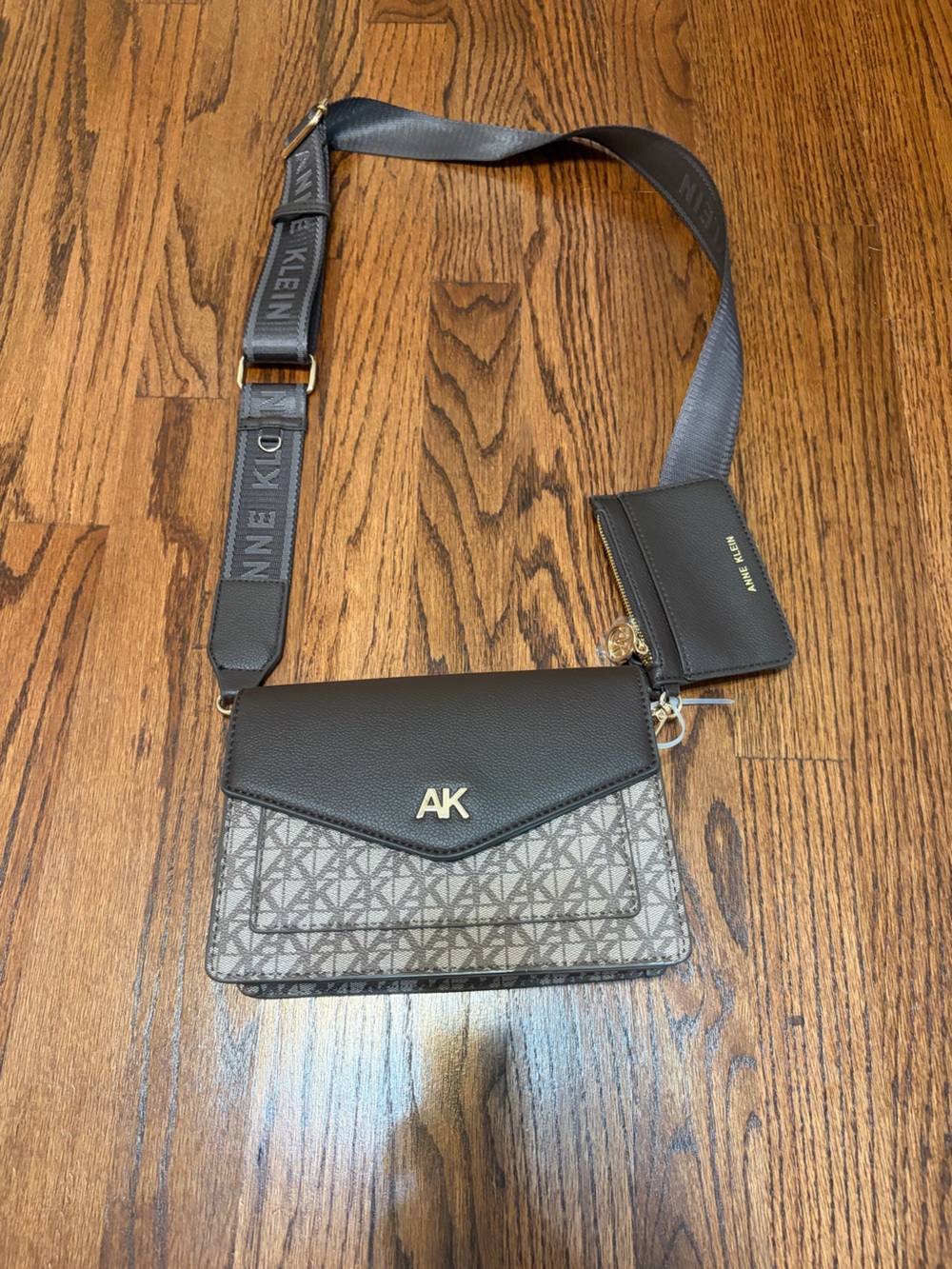 Anne Klein Black and Gray Logo-Print Crossbody with Coin Pouch